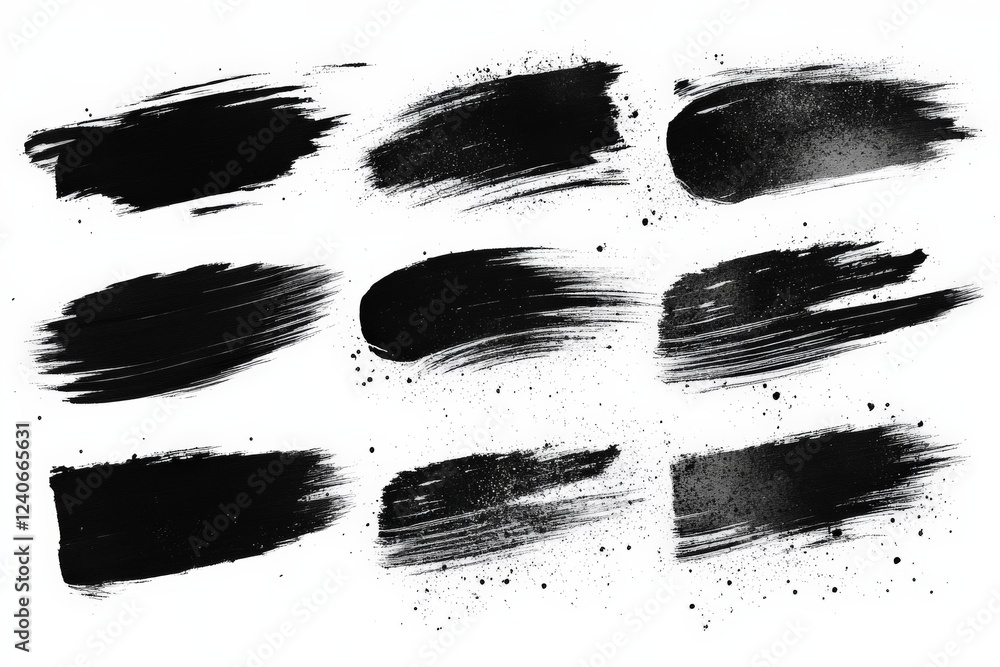 Poster various black brush stroke designs showcasing texture and artistic expression on a clean background