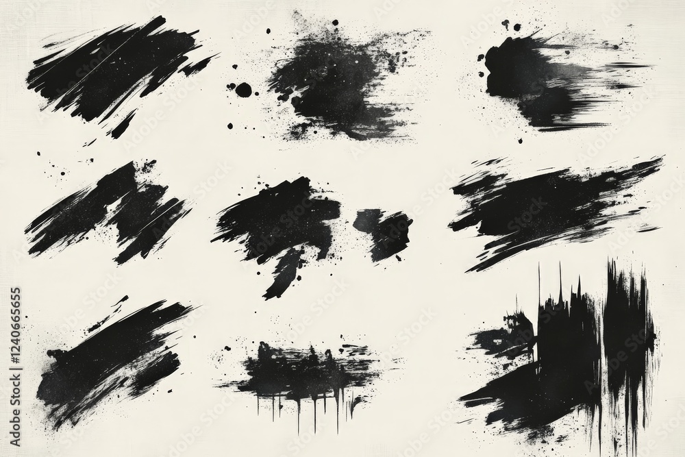 Aufkleber Black brush strokes and splatters on a beige background create an artistic texture useful for various design projects