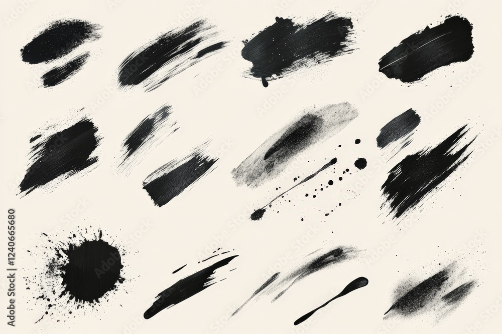 Poster Black paint strokes and splatters on a beige background showcasing artistic texture and variety in design