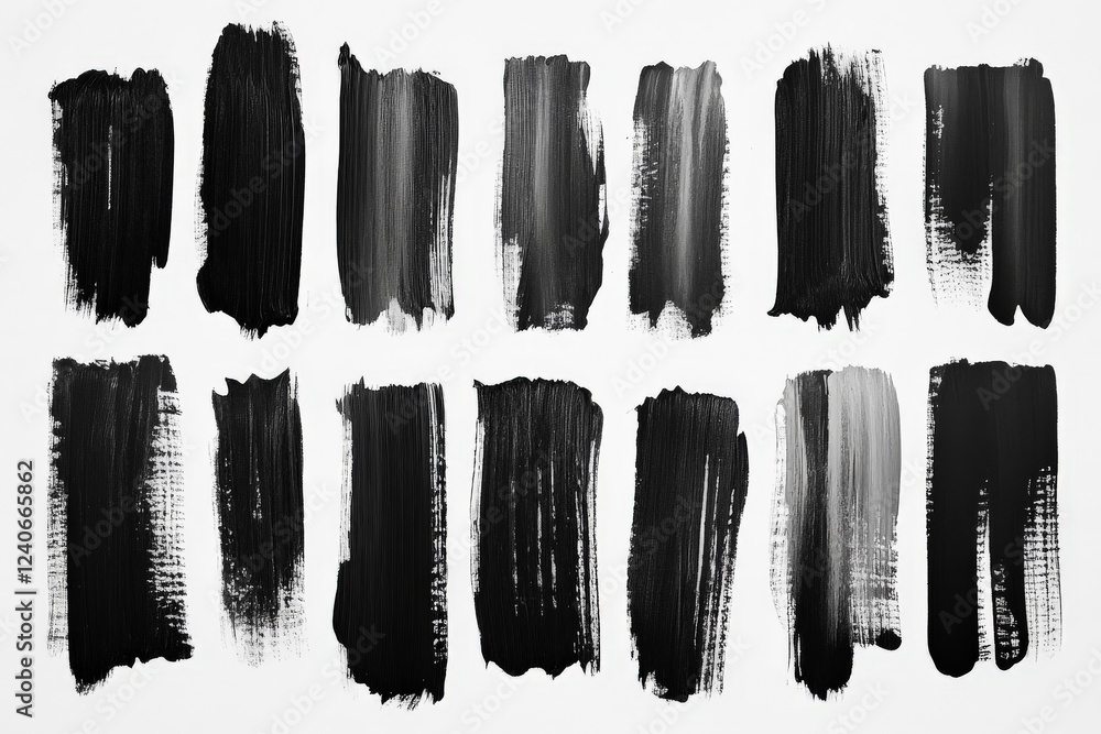 Poster abstract black paint strokes arranged in a grid showcasing various textures and brush techniques on 