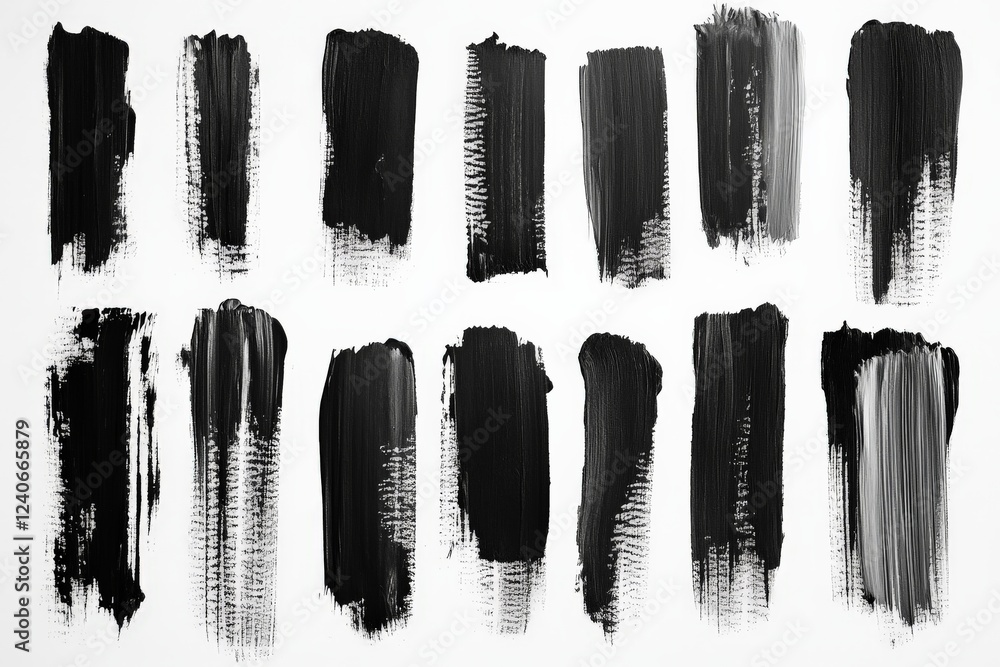 Poster black paint strokes arranged in a grid pattern showcasing various textures and techniques on a white