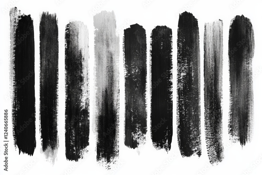 Poster Various black paint strokes arranged in a linear pattern on a white background for artistic expression