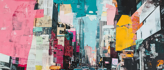 Fototapeta premium Minimalistic city theme collage showcasing vibrant textures and layered cutouts