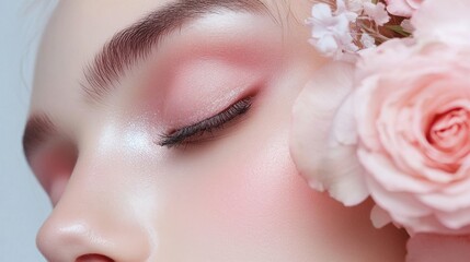 A professional makeup artist creating a bridal makeup look with soft pastel tones