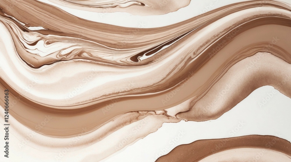 Poster abstract fluid art with brown and cream swirls creating smooth waves in earthy tones, suitable for i