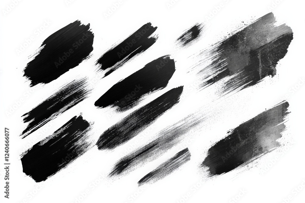 Poster Unique black and gray brush strokes creating artistic textures on a white background for design inspiration
