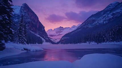 Frozen lake sunrise, majestic mountains, winter landscape, postcard scene