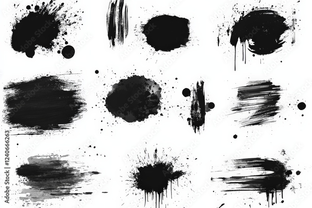Poster Various black paint splashes and strokes on a white background suitable for artistic projects and design elements
