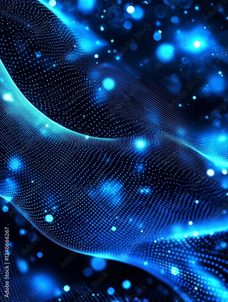 Poster a design featuring an abstract background of waving particles, with moving dots and flow particles, 