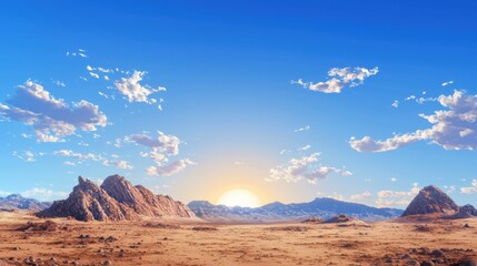 Fototapeta premium Exploring serene desert landscapes alien planet digital art vast environment distant view massive rock formations and setting sun