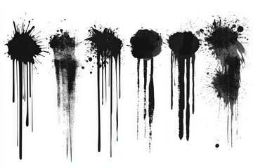 Black ink splatters and drips create a bold artistic pattern on a white background showcasing creativity and expression