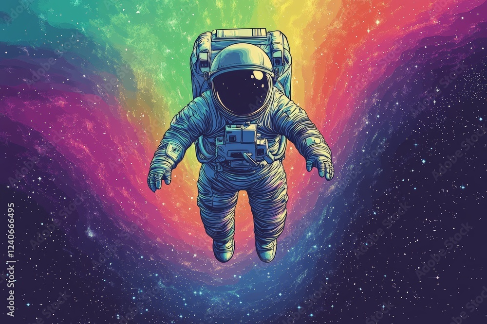Poster astronaut floats in vibrant cosmic colors surrounded by a colorful galaxy in deep space