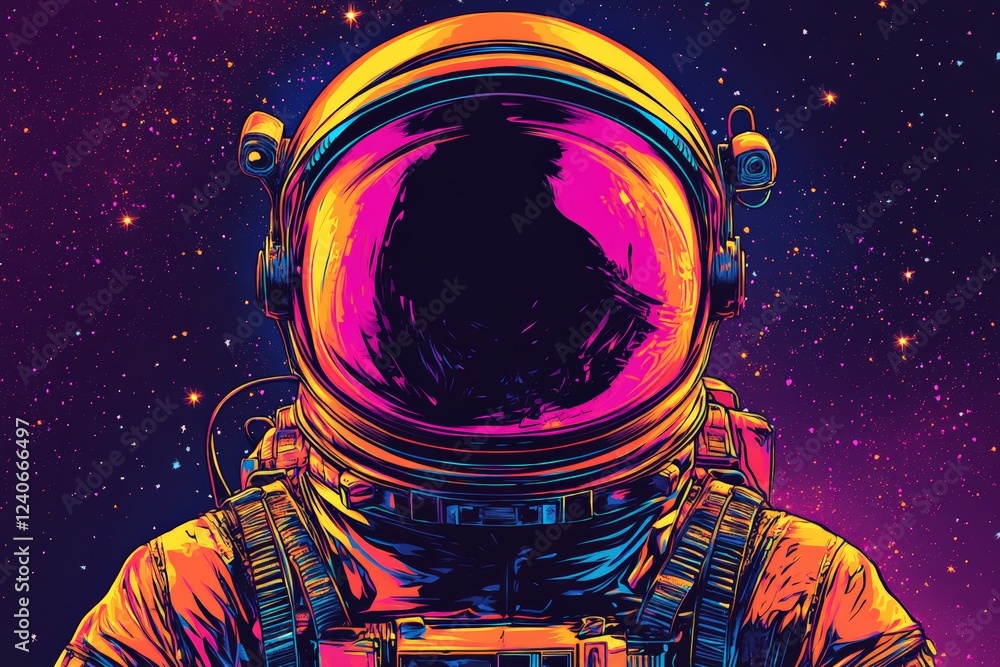 Poster astronaut exploring vibrant cosmic landscape with colorful helmet and starry background