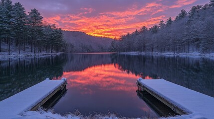 Obraz premium Snowy lake sunrise, dock reflection, winter forest