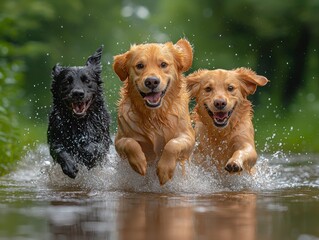 Three cheerful dogs from various breeds playing and splashing in water
