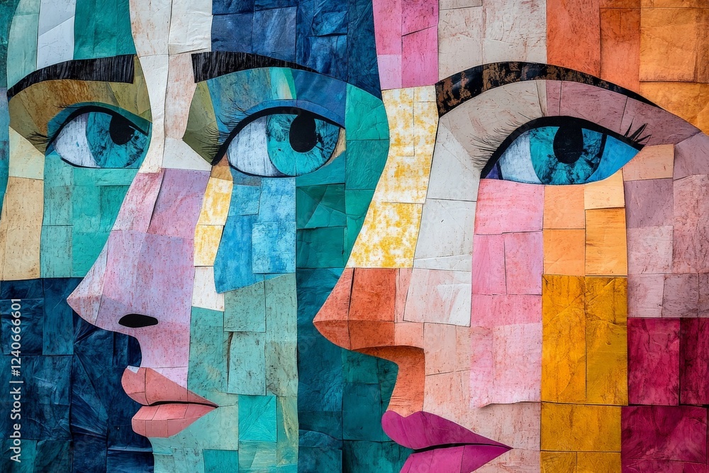Poster Brightly colored mural featuring two stylized faces with vibrant eyes and abstract patterns in an urban setting