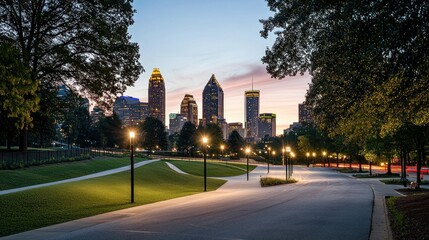 Fototapeta premium City Skyline at Sunset, Park Pathway with Lights