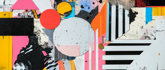 Colorful minimalistic mixed media collage showcasing urban themes and abstract shapes