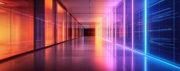 A futuristic corridor illuminated by vibrant neon colors, featuring sleek lines and a reflective floor that evokes a sense of technology and modernity.