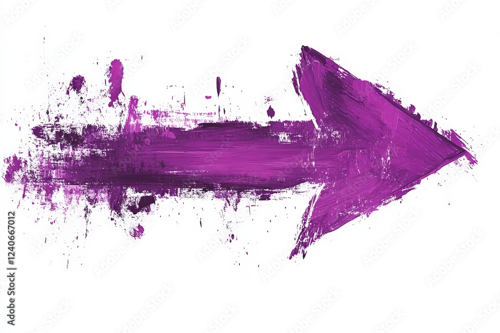 Poster colorful purple arrow with splashes of paint pointing right against a white background