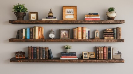 Floating shelves mounted on a newly finished wall.