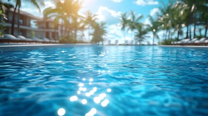 Tranquil Summer Retreat: An Empty Hotel Pool with a Stunning Tilt-Shift Perspective Capturing Vacation Bliss