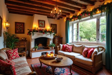 A lovely living room adorned for Christmas with shimmering tinsel, colorful baubles hanging from the ceiling, and glowing candles on the coffee table. Mediterranean Interior Style.
