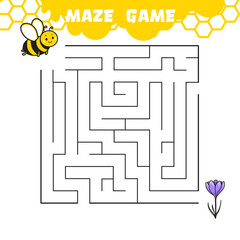 the little bee is looking for the way to the spring flower, maze game for pre-school children, vector cartoon