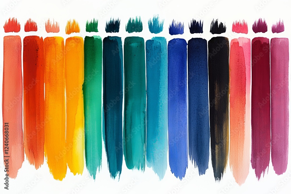 Poster vibrant array of watercolor paint swatches arranged horizontally on a white background showcasing ri