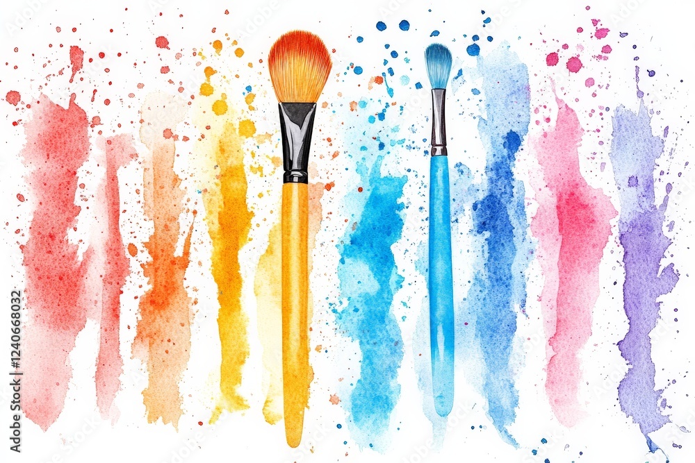 Poster Vibrant paint brushes with colorful splashes creating an artistic background in a creative studio