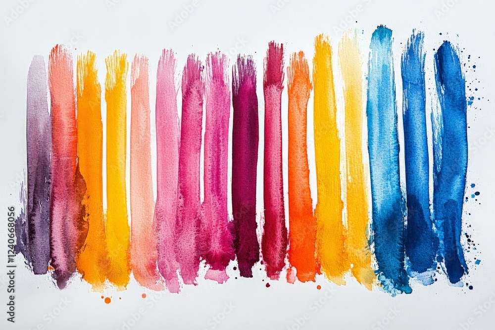 Poster vibrant watercolor strokes arranged in a colorful pattern showcasing artistic blend of hues on white