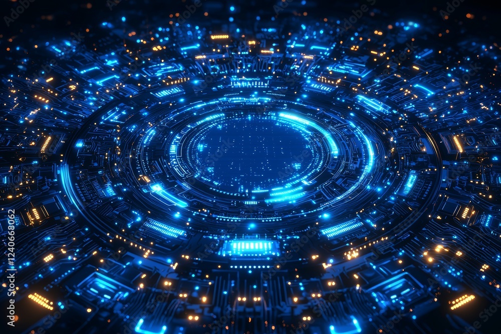 Poster a digital circuit board design with radiant blue lines, featuring a clean horizontal rectangular are