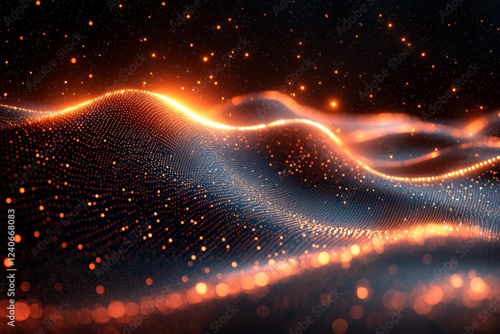 Poster neon digital multicolored particles grid with moving dots in cyberspace light waves perfect for hi-t