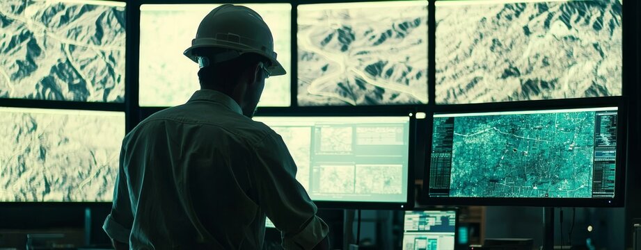 In a room with earthy tones, a petroleum engineer studies geological samples, oil maps, and drilling data displayed on screens.