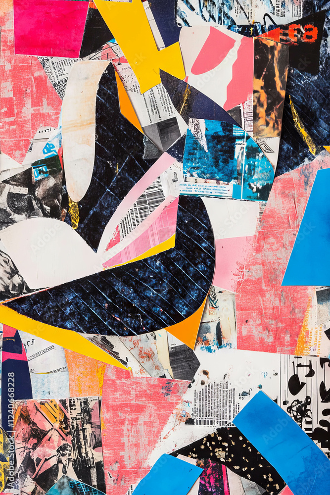 Aufkleber creating a vibrant minimalistic mixed media collage with abstract shapes and textures