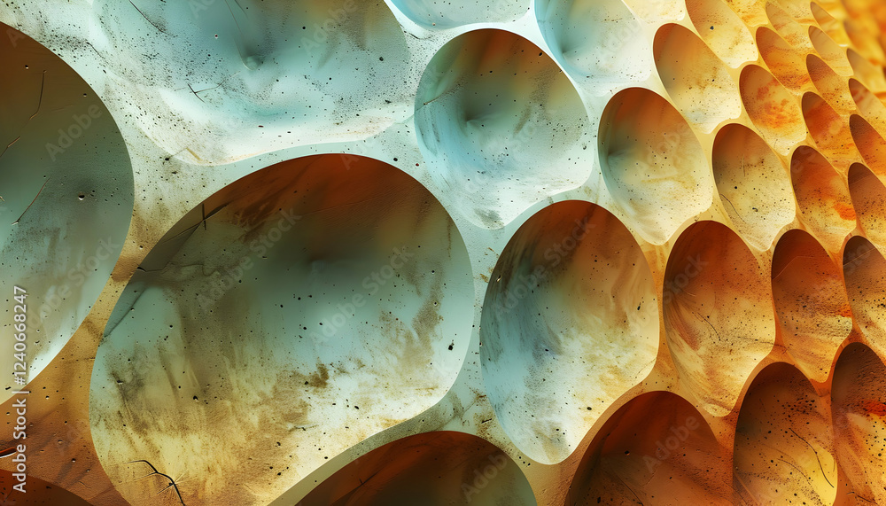 Poster abstract close-up of textured surface with rounded cavities, showcasing vibrant colors and patterns