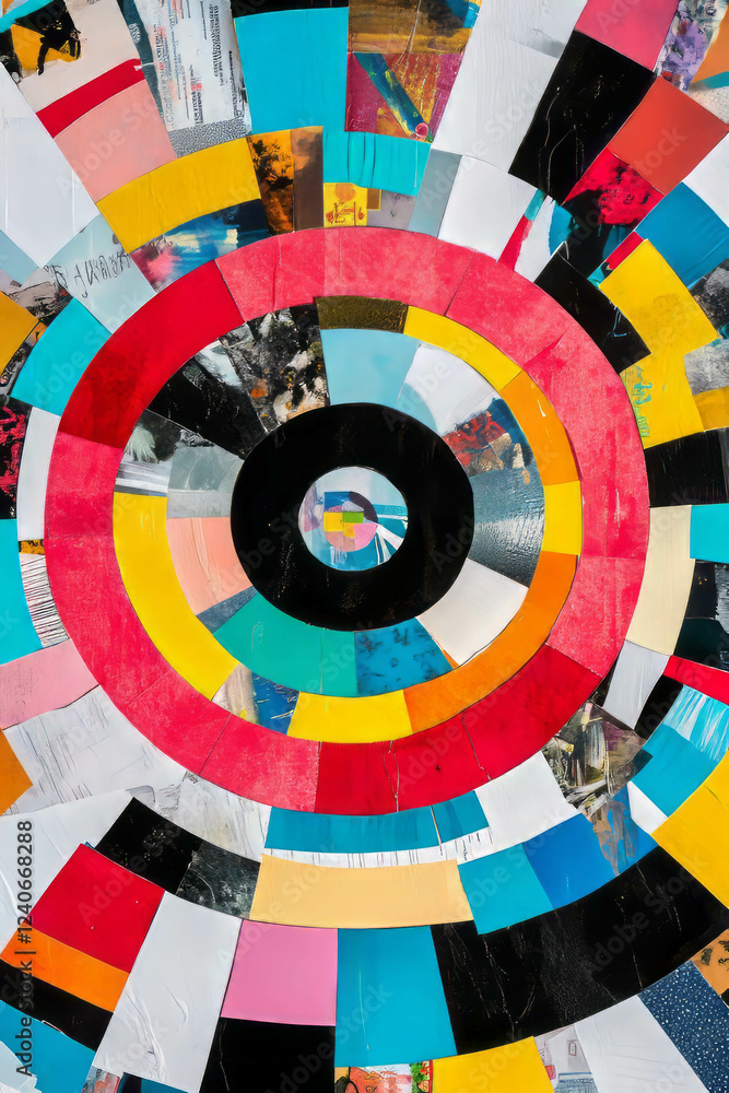 Poster radial pattern in colorful mixed media collage featuring abstract shapes and textures