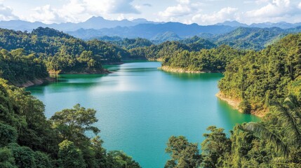 Serene Mountain Lake Surrounded by Lush Green Forest and Hills