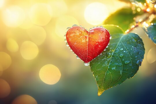 Heart-shaped leaf with dew on a vibrant sunny background.