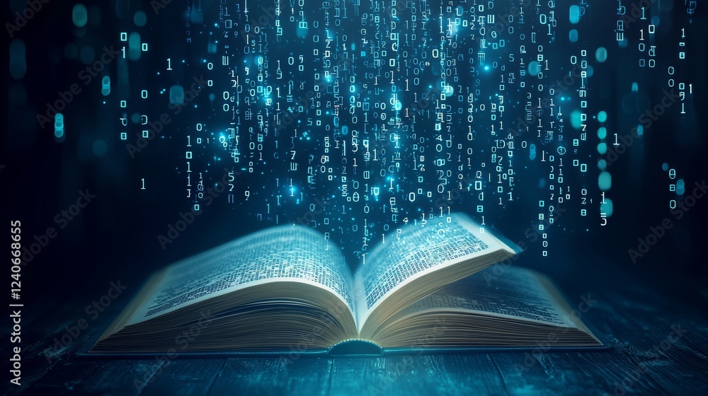 Poster a book with its pages transforming into digital data streams illustrates the merging of technology a