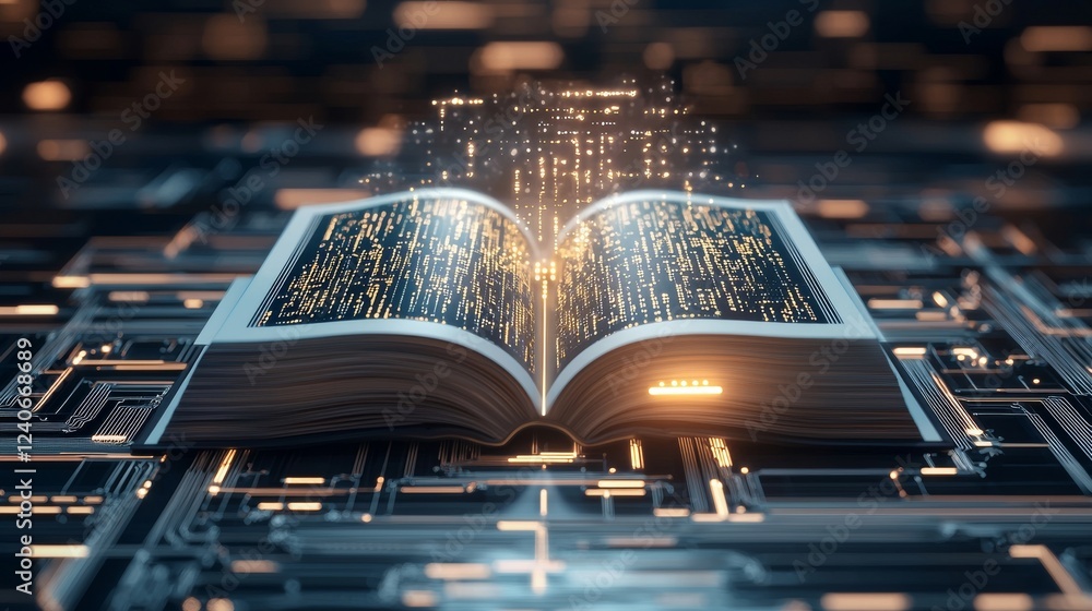 Poster a book with its pages transforming into digital data streams symbolizes the merging of technology an