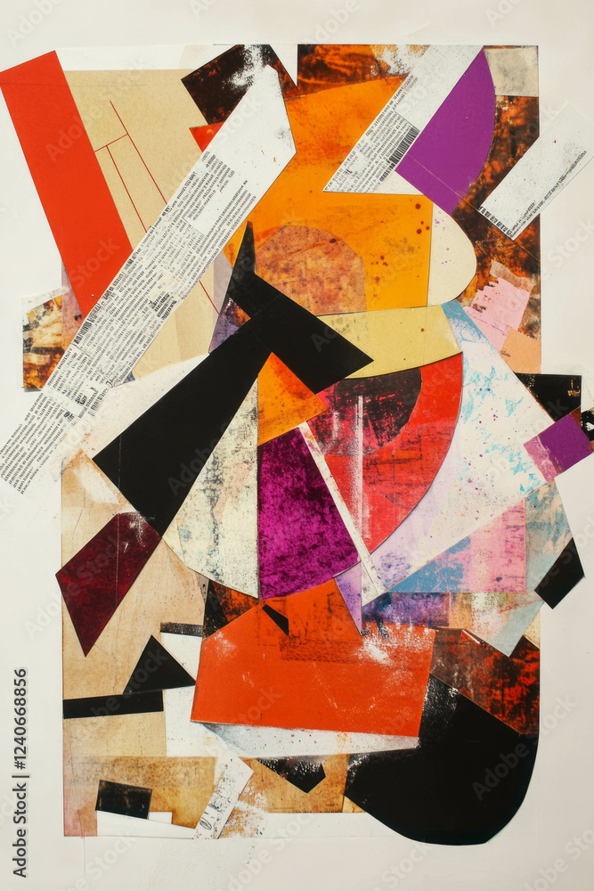 Poster dynamic minimalistic mixed media collage with playful colors and textures