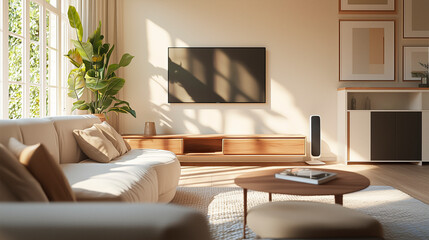 Modernes skandinavisches Wohnzimmer mit minimalistischer Einrichtung und natürlichen Akzenten, innenausstattung, raum, wohnzimmer, zuhause, haus, luxus, design, modern, skandinavisch, design