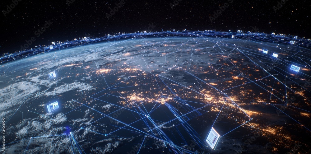 Aufkleber an abstract digital globe surrounded by global network connections and media content images, symboli