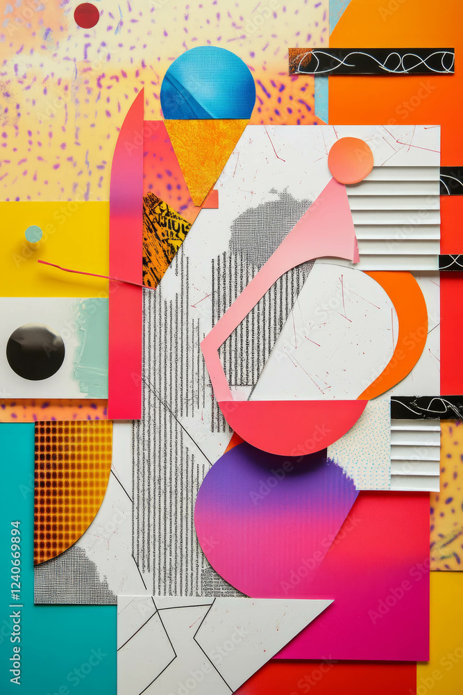 Poster minimalistic collage of geometric patterns with vibrant textures and playful elements