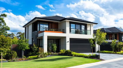 Stunning contemporary home surrounded by lush greenery in the early evening light