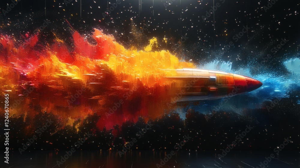 Poster highresolution 3d depiction of a layered shuttle formed by vibrant paint splashes against a sleek bl