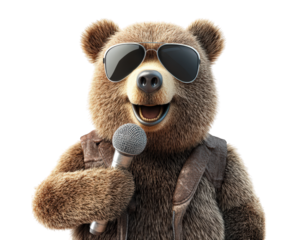 bear wearing sunglasses and leather jacket holds microphone, exuding rock star vibe. This playful image captures fun and lively spirit