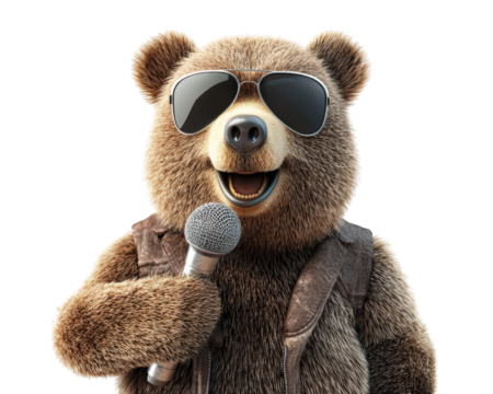 bear wearing sunglasses and leather jacket holds microphone, exuding rock star vibe. This playful image captures fun and lively spirit