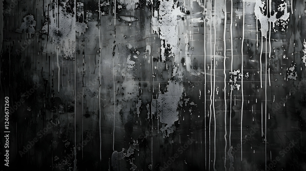 Poster abstract monochrome wall with dripping paint and textured layers, creating a moody backdrop